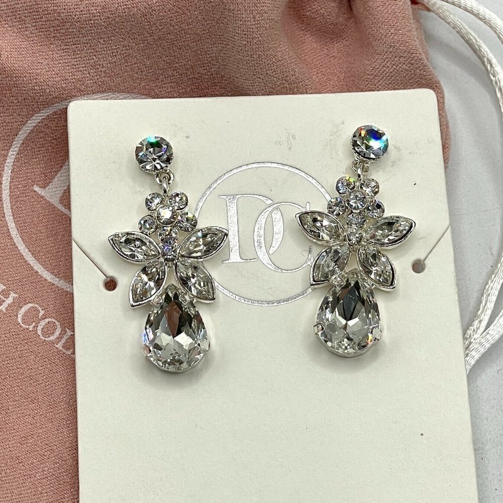Dareth Colburn NWT Floral Pear Drop Clear Crystal Silver Bridal Prom Earrings